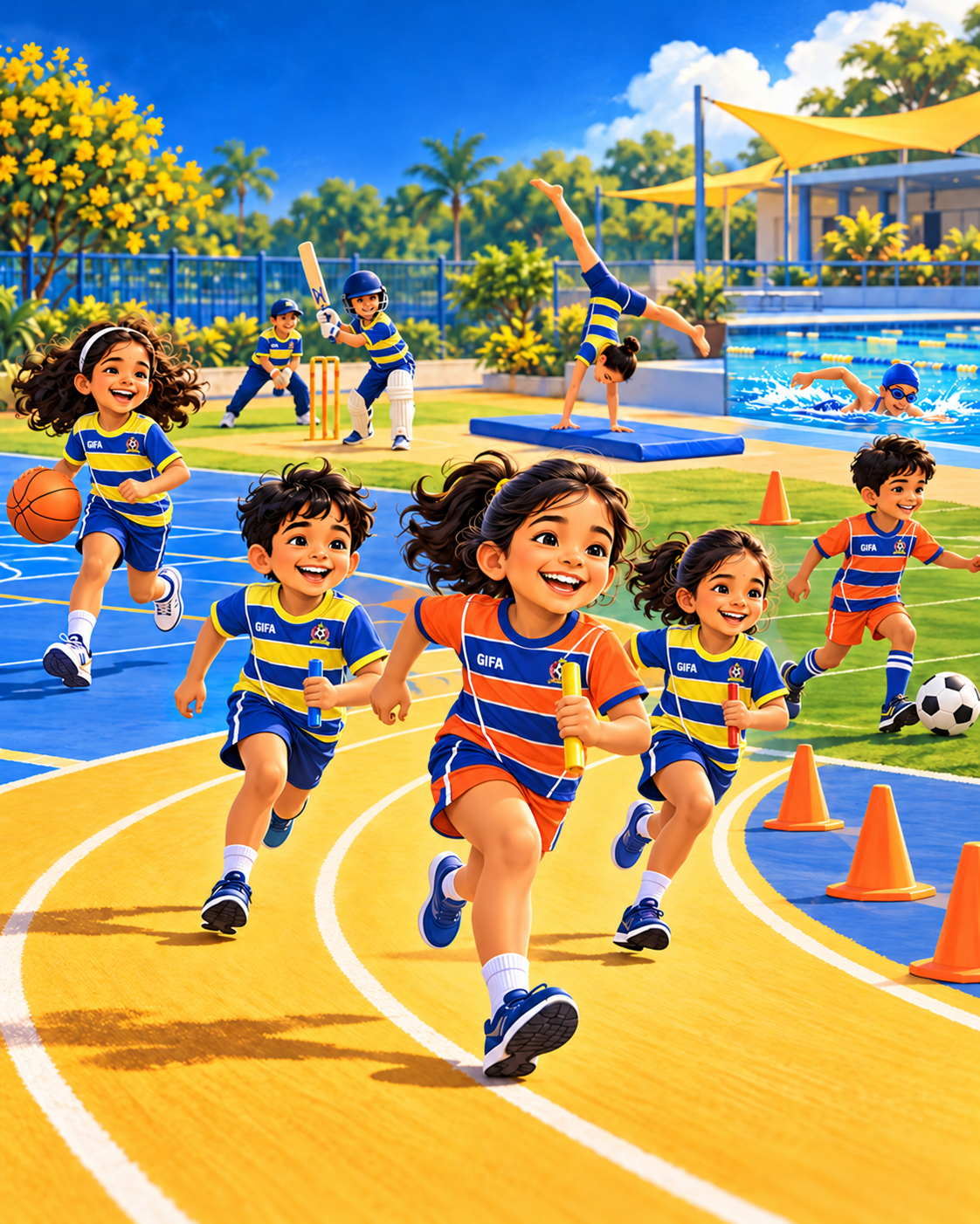 Playful illustration of children in orange-and-blue and yellow-and-blue striped GIFA Sports jerseys running a relay and playing basketball, football and cricket, with gymnastics and swimming